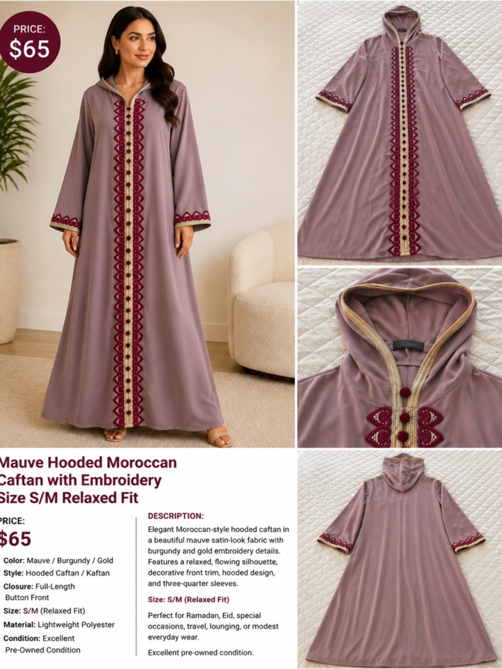 Mauve Hooded Moroccan Caftan with Burgundy & Gold Embroidery
